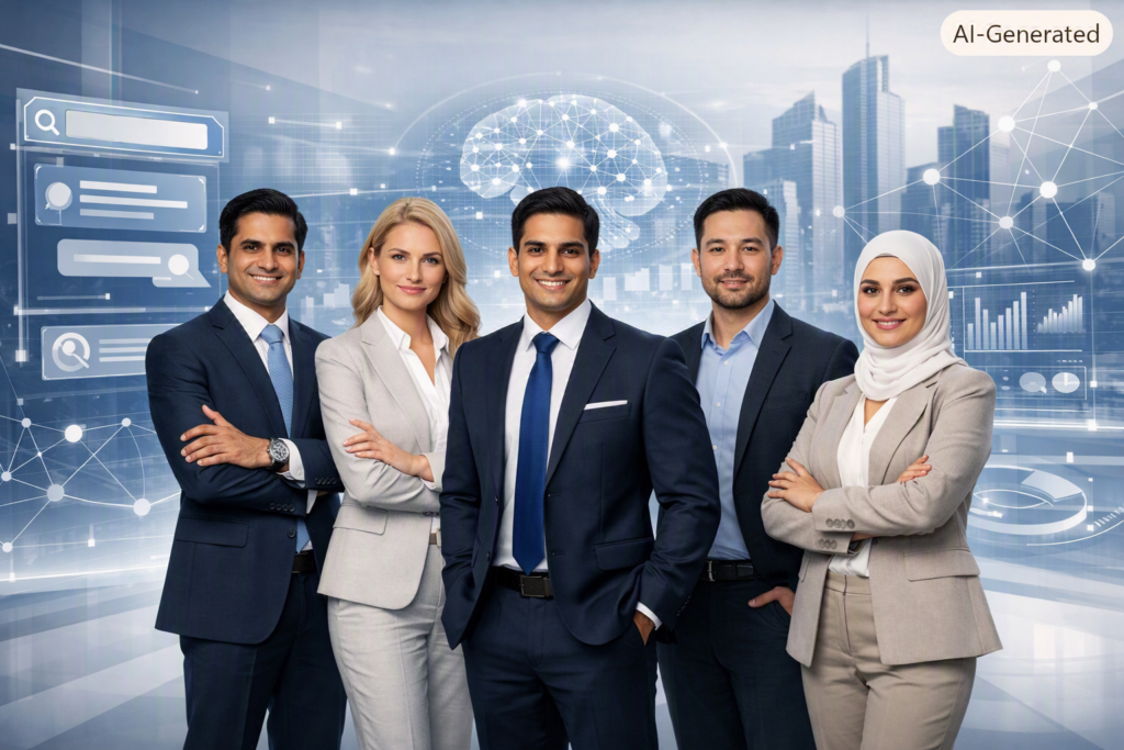 Five diverse business consultants standing confidently in a modern corporate setting with a futuristic AI-powered digital interface background, featuring holographic data dashboards and a sleek Indian business skyline in blue and silver tones.